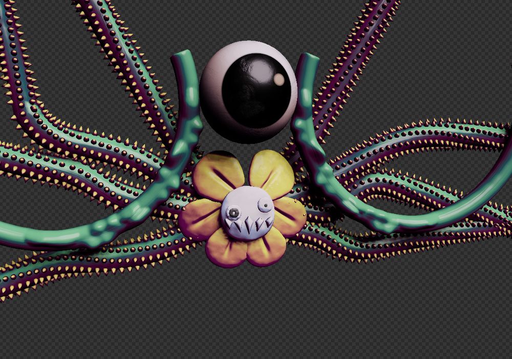 a 3D model of flowey made in a clay-like material along with two semi-circles on each sides, huge vines with spikes in the back and a big eye above his face