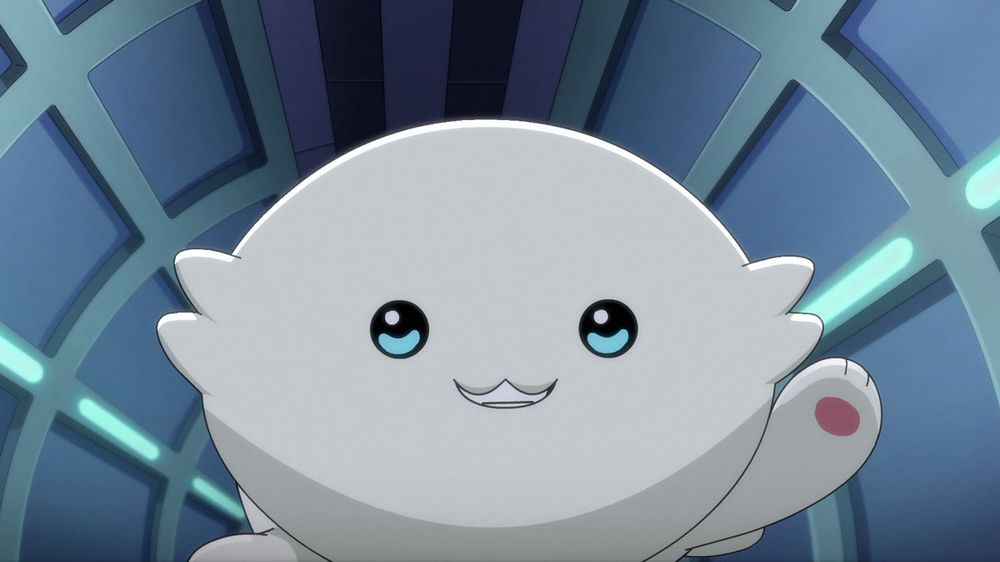A small white furry cartoon animal walking in a corridor