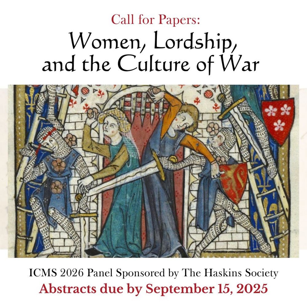 Cropped image of a high medieval manuscript showing two women with rocks defending the gates of a castle from soldiers in chain mail bearing swords.