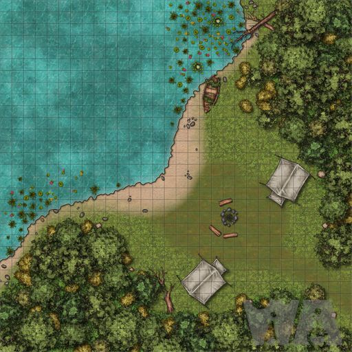 Overhead view battle map of a campsite on the edge of the woods next to a lake with ruined boat on shore amongst lily pads.