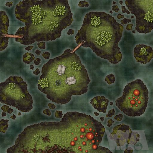 Overhead view battle map of a campsite in a swamp with water, logs, and plant life.