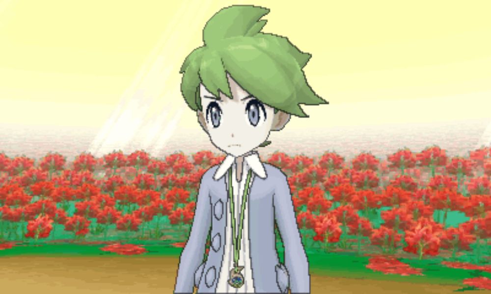 a cartoon character with green hair and blue eyes is standing in front of a field of red flowers