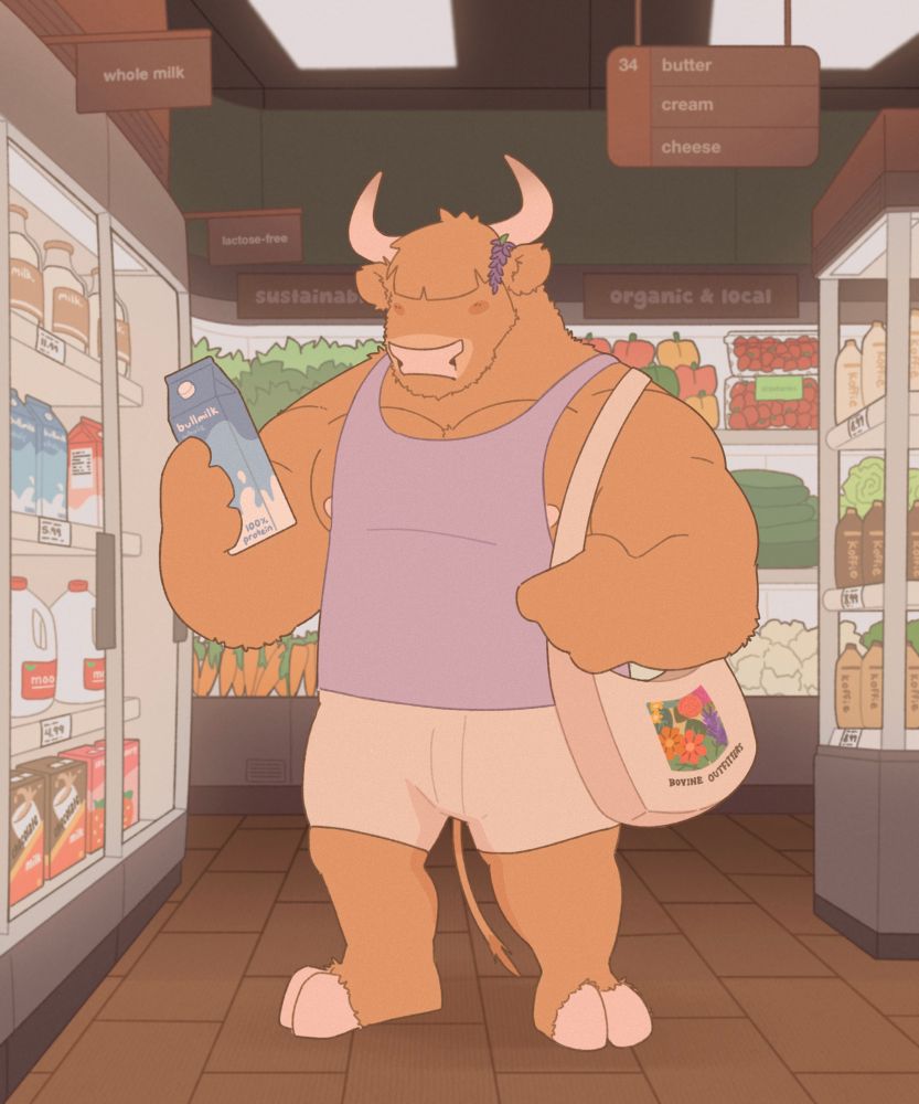 drawing of bennie, my highland bull character, at the dairy aisle of his local grocery store picking up a blue carton of “bullmilk” branded milk 🤭
