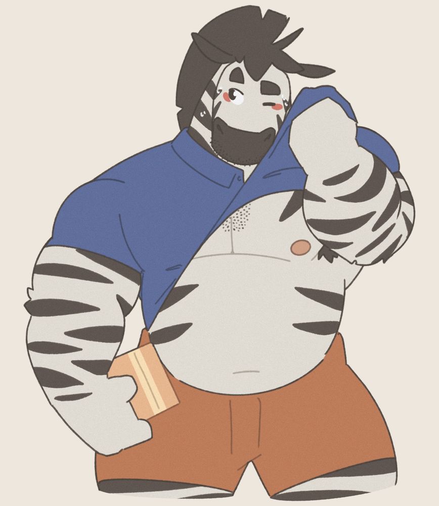 doodle of postal zebra in mail uniform wiping his sweaty forehead with the hem of his blue polo 🥹