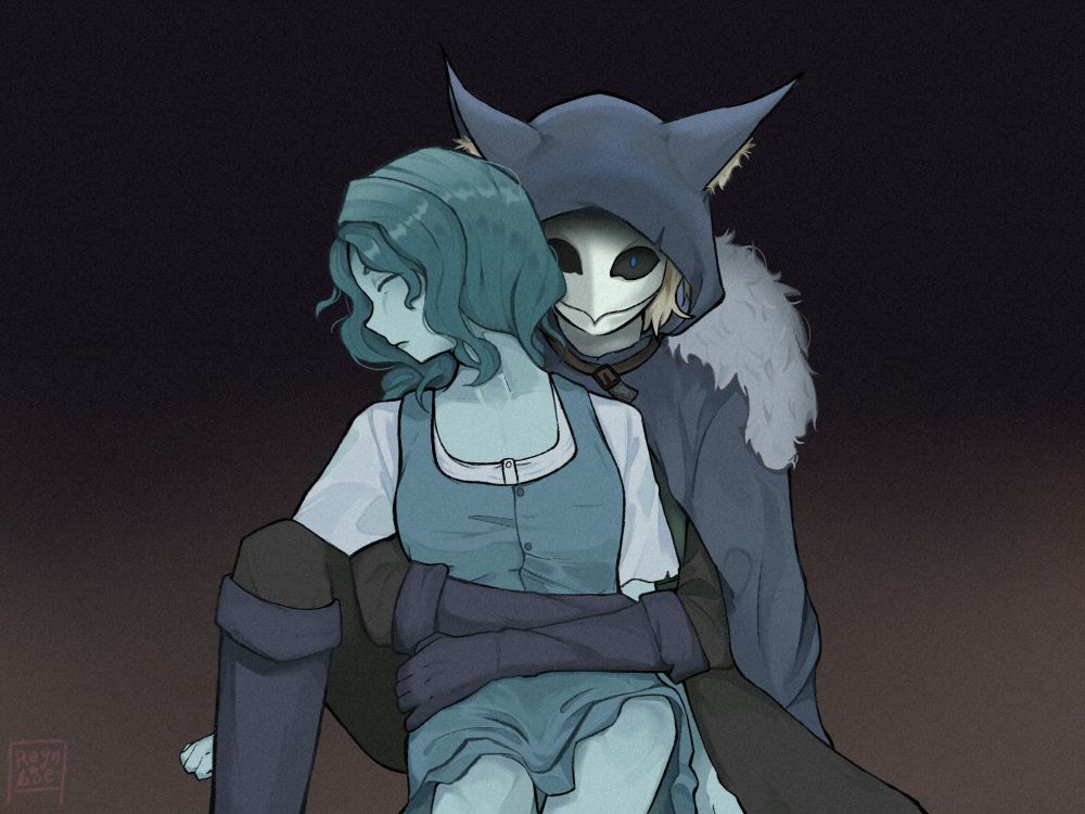 Ithaqua holding Grace by the waist as if he's protecting her. This pose is in reference to a Kamisama Kiss scene in season 2