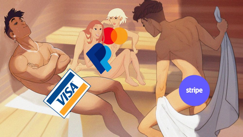 Steamy art of two men and two women in a sauna, identical to the one I posted yesterday, except their swimsuits are censored by payment processor logos, Visa, Paypal, Mastercard and Stripe.