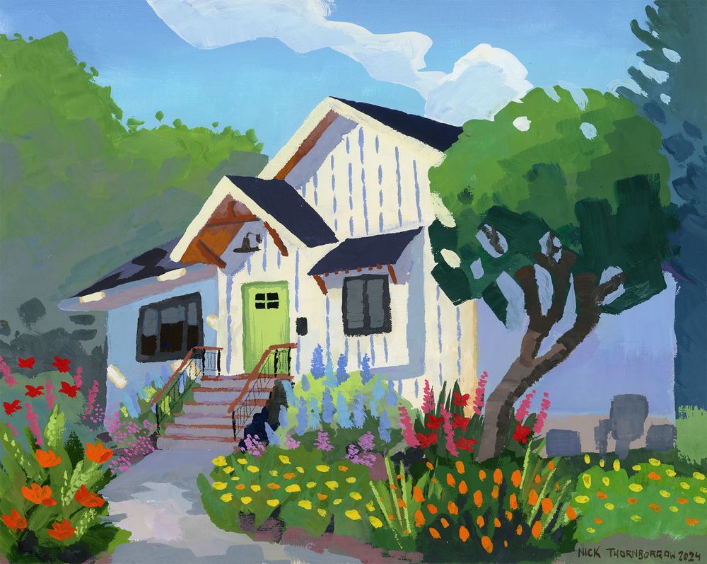 Painting of a white home with a leaf green door and abundant garden