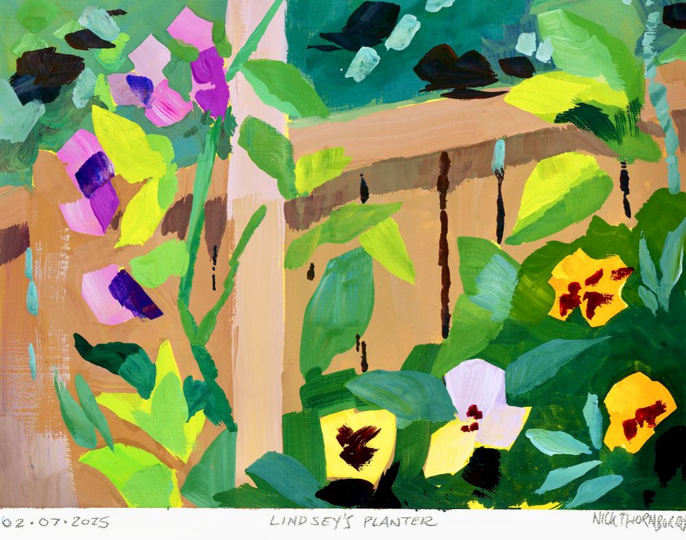 Plein air painting of sweet peas and pansies 
