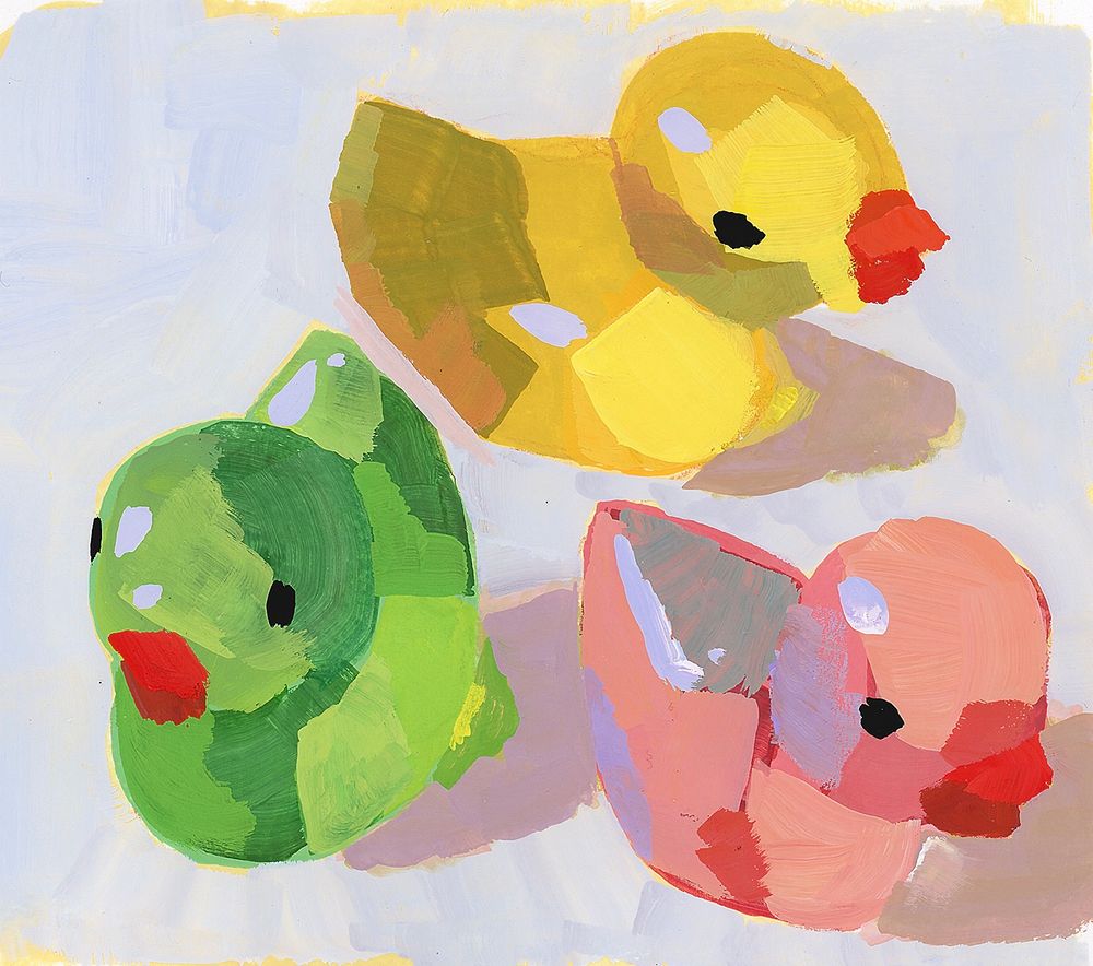 Painting of three tiny acrylic ducks. One green, one yellow, one pinky orange.