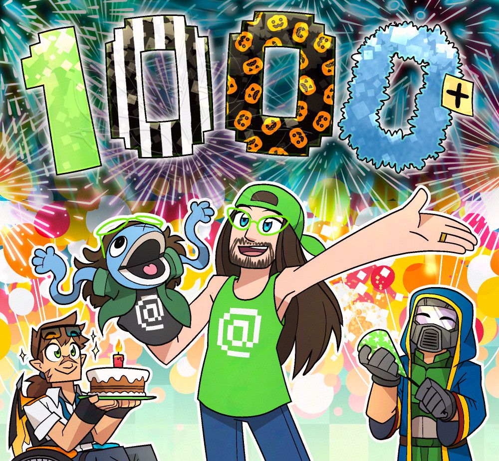 Colourful digital art in a cartoony style. Joe Hills, puppeteering the Juppet on one arm, standing with his arm outstretched in celebration. To one side is Scar, holding a cake. On the other is Xisuma popping a party popper. Behind them are the shapes of orange, yellow, red, and white balloons. The number 1000 fills the sky with fireworks exploding around it. The numerals are decorated in order: Chroma green, black and white stripes, black with orange pumpkins, and blue and fuzzy. The last 0 has a sticky note with a plus sign drawn on it.