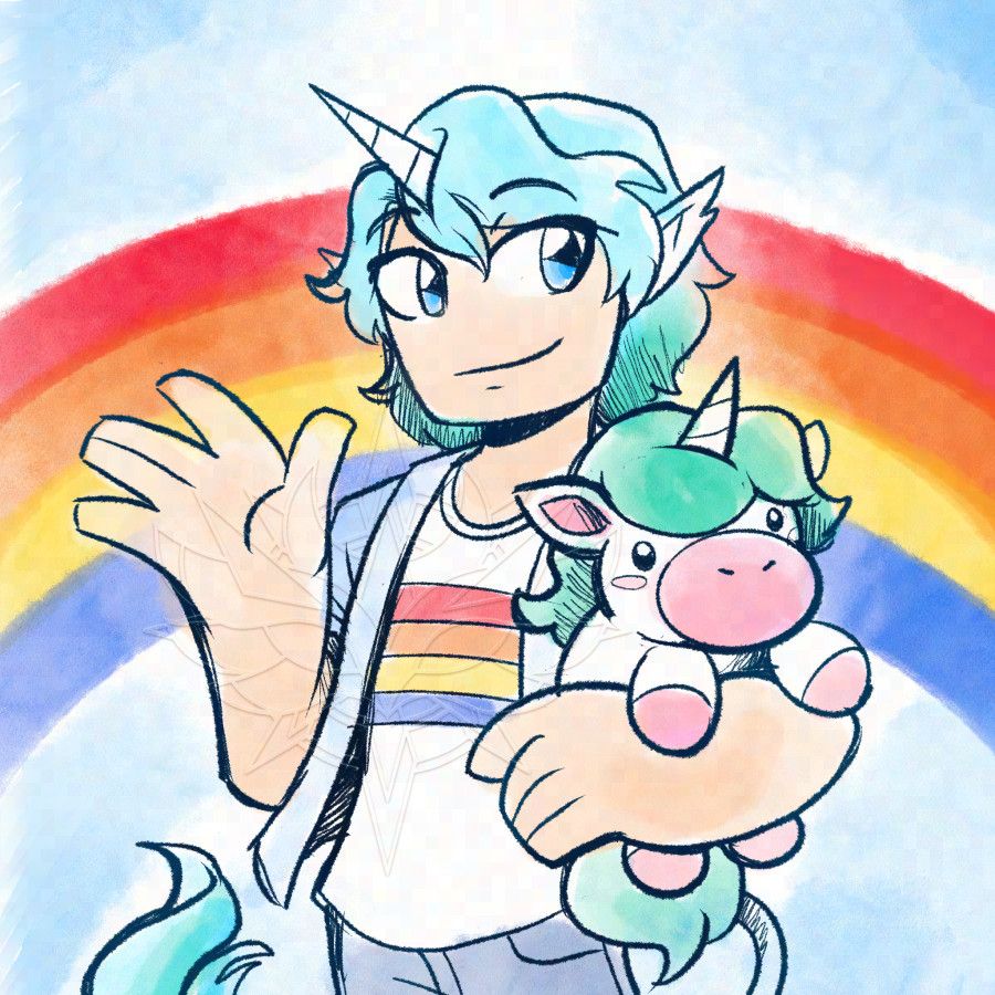 Digital sketch with colour. Scott Smajor's minecraft avatar waving and holding a cute unicorn plush called Minty. His avatar has a unicorn horn and tail.