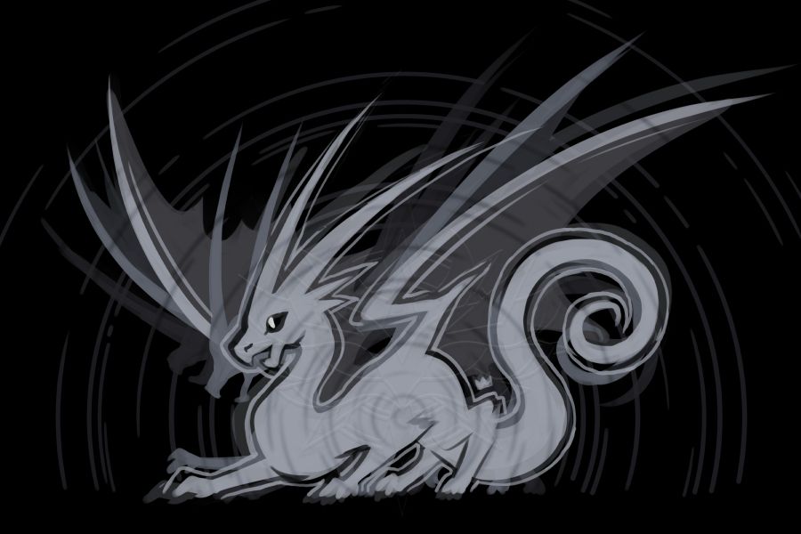 Digital drawing of a grey dragon on a black background. Ripples expand out from their core, and shadowy reflections of their body are visible in different positions.