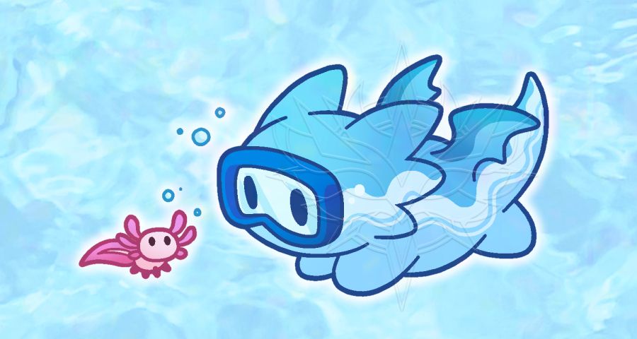 Digital art of a very, very small axolotl and a cute round chibi dragon wearing swim goggles on a watery background.
