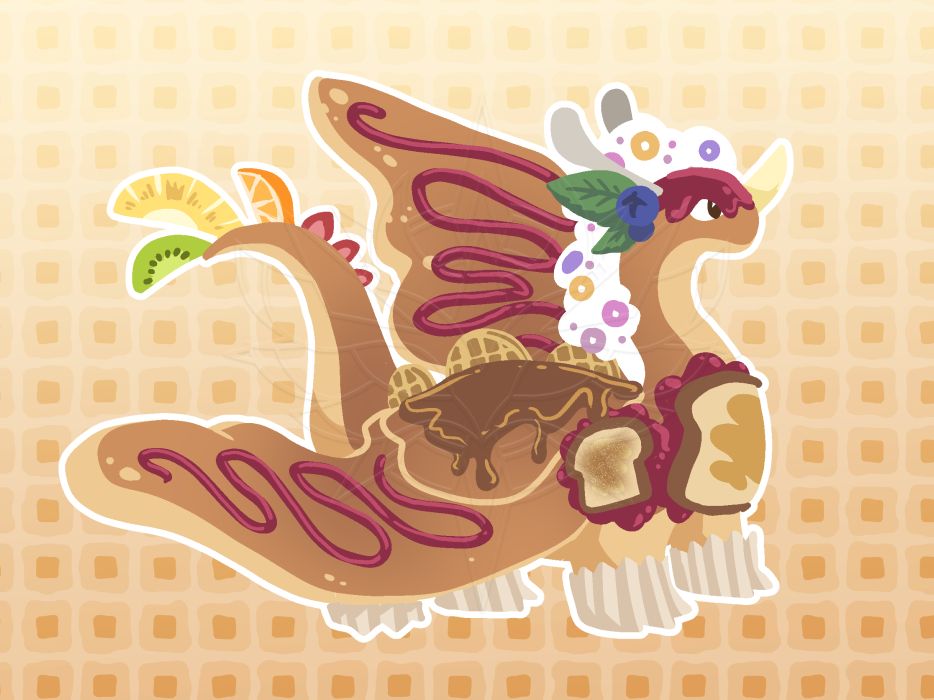 Lineless digital art in a soft cartoony style. A dragon with rounded wings like pancakes, spines like waffles and sliced fruit, toast-shaped chest and shoulder plates, muffin wrappers on their feet, and a white puffy mane with colourful loops in it. Splashes and swirls of maple and fruit syrup adorn them all over.