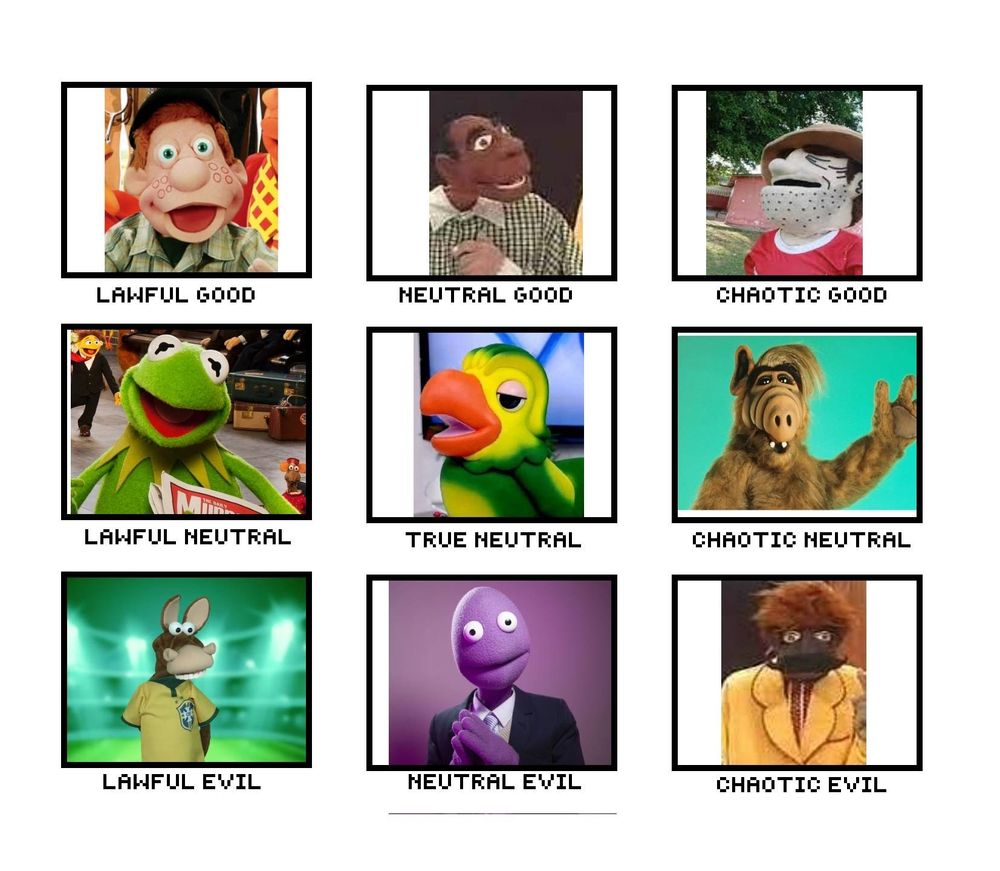 Tabela de alinhamento de fantoches, com julio cocorico (lawful good), doquinha (neutral good) e tonho de martinha (chaotic good)
Caco (lawful neutral), louro José (true neutral) e alf (chaotic neutral)
Cavalinho do Fantástico da seleção (lawful evil), randy peltface (neutral evil) e coxinha (neutral evil) 
