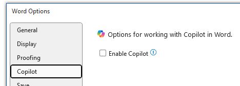 An image of options in Microsoft Wod showing how to turn off Copilot.