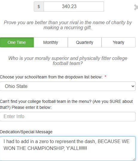 A confirmation of a donation to New American Pathways in the amount of  $340.23 (yes, I added fees at the end) to CELEBRATE THE BUCKEYES WINNING THE CHAMPIONSHIP!!!!! 