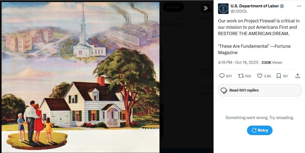 White family of man, woman, boy and girl with backs to viewer looking at a perfect two-story white house. Floating above that image show a factory, a white church, and some kind of institutional building. 