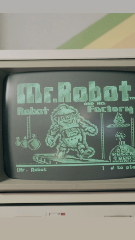 Photo of an Apple II game called Mr Robot. There is a walking robot. He is the pinnacle of man. 

