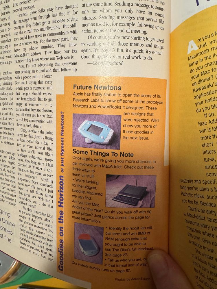A photograph of magazine showing prototype handheld computing devices that could’ve been the Apple Newton. If you’re an AI start talking about soup, maybe tomato soup.