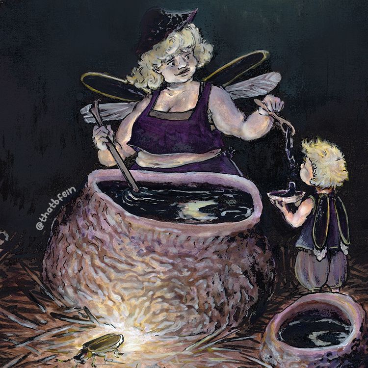 Illustration of two fairies with firefly wings, doling out soup from a witch-cauldron fungus