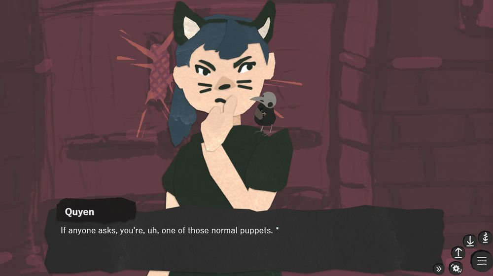 A teen girl in a black cat costume whispers to a crow-shaped homunculus on her shoulder, saying "If anyone asks, you're, uh, one of those normal puppets."