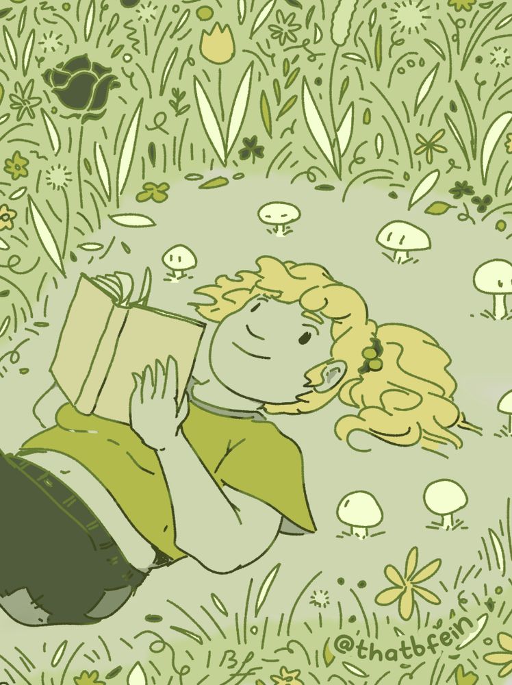 A woman with blonde hair, reading a book while surrounded by curious mushrooms