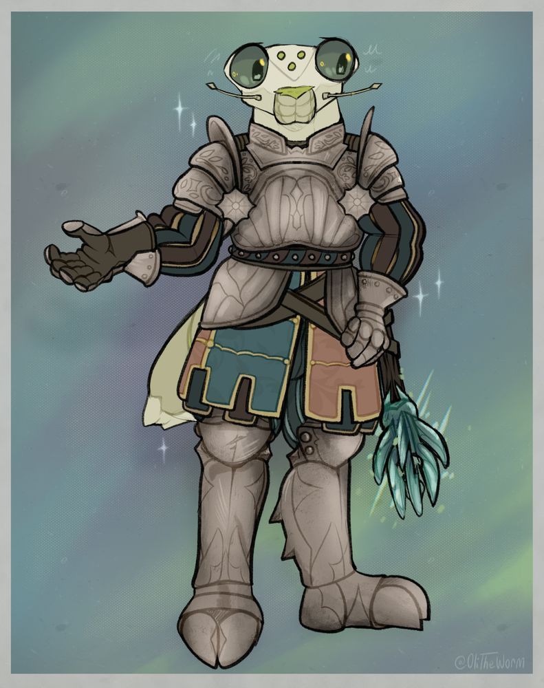 Digital illustration of an anthropomorphic, pale green cicada with green eyes wearing silver half-plate armor with rococo inspired engravings of leafy vines and insect wing like motifs. His armor also consists of padded fabric with paned and slashed sleeves and pants which are dark teal and burgundy with yellow in the space in between. Covering the legs is an extended gambeson, padded fabric, with teal and orange fabric with a faint swirling pattern and yellow embroidery across it in a grid like pattern. The leg armor is insectoid in shape. He is looking to the side, but still facing the viewer, one arm raised, palm up, in a conversational gesture and the other hand rests on a belt, which is holding a flanged mace made of glass, each flanged piece is loosely insect wing in shape. 

The background is lightly textured with pale greens, purples and blues. 