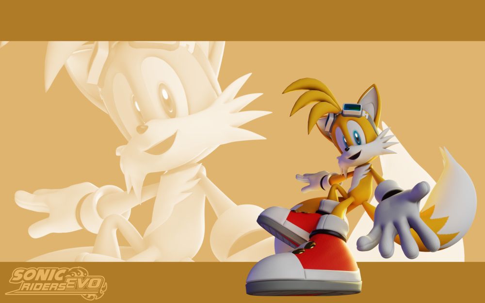 3d render of tails from the "sonic the hedgehog" series holding his hand towards the viewer. he's dressed in the outfit he wears in the "riders" series