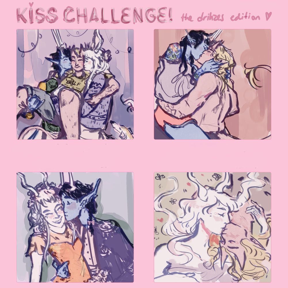four drawings of a tiefling throuple kissing in various constellations