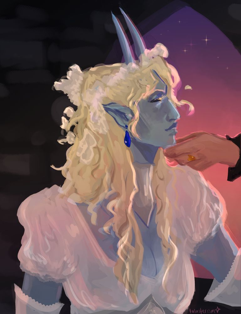 a digital painting of jem (they/them), a blue tiefling with blond hair wearing a white dress and a silver neck armor piece. a hand tilts their chin up. they are bathed in pink sunset colours.