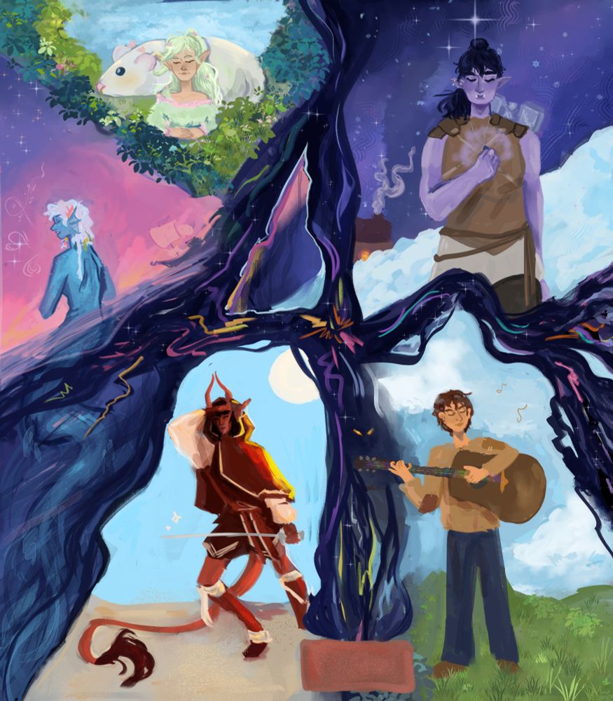 an illustration of 5 dnd characters with a symbol resembling number 4 in the middle