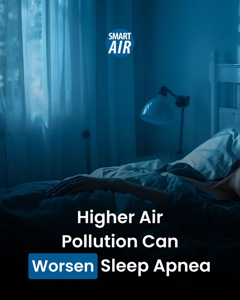 An AI-generated image in dark, blue tones showing a woman sleeping peacefully in a bed. The white text overlay reads: "Higher Air Pollution Can Worsen Sleep Apnea." The "Smart Air" logo is visible at the top.