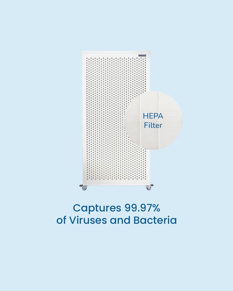 White HEPA air purifier unit on wheels with a close-up of the filter, labeled 'HEPA Filter'. Text below reads: 'Captures 99.97% of Viruses and Bacteria'.
