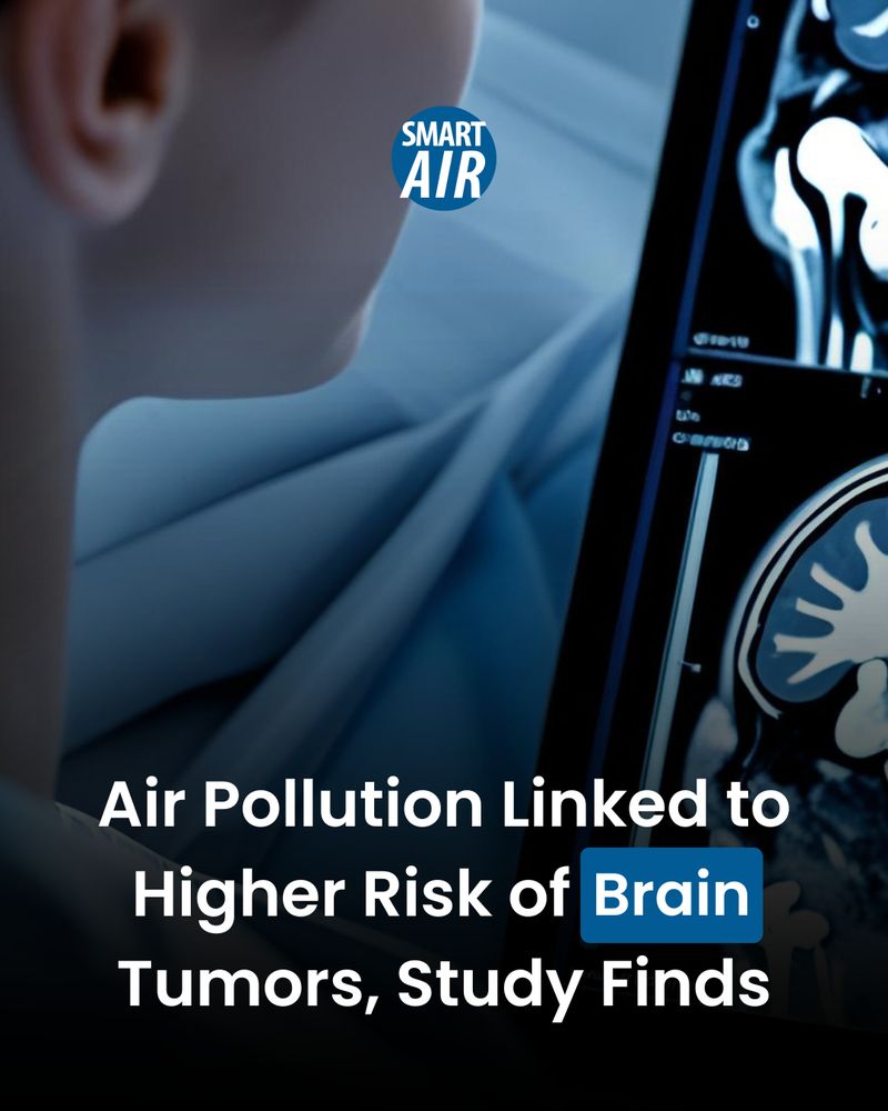 Person looking at a brain scan on a screen, with the headline 'Air Pollution Linked to Higher Risk of Brain Tumors, Study Finds' and the Smart Air logo visible.