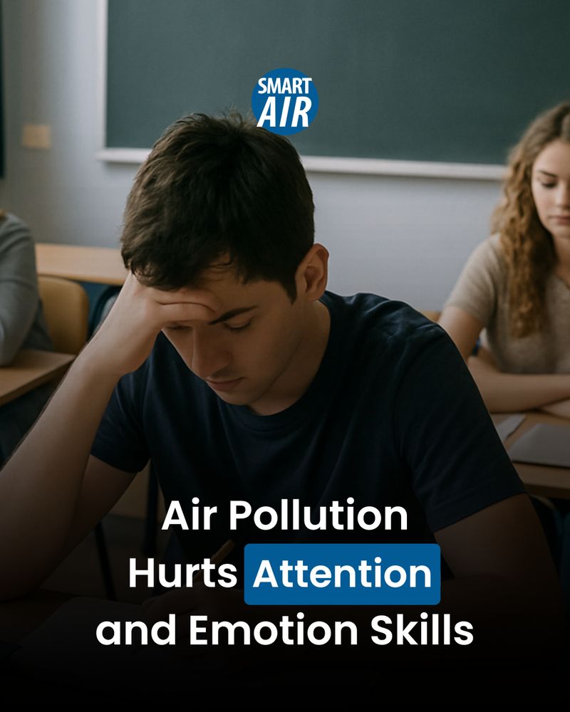 AI-generated image of students sitting in a classroom; one male student looks stressed, holding his head. Text overlay reads: “Air Pollution Hurts Attention and Emotion Skills” with "SMART AIR" logo above.