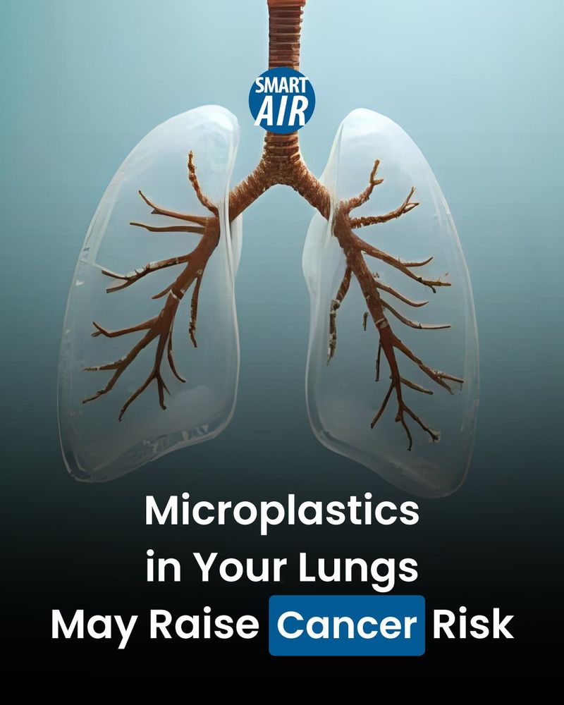 AI-generated graphic showing transparent human lungs with bronchi, symbolizing microplastics exposure. The image includes bold text: “Microplastics in Your Lungs May Raise Cancer Risk” and features the “Smart Air” logo at the top.