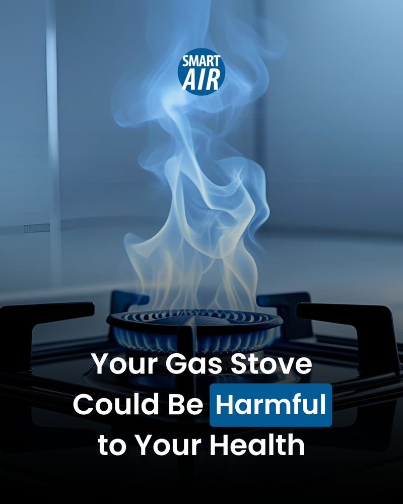 A graphic AI image showing a gas stove flame against a blue-toned background. Above the flame is the Smart Air logo. At the bottom, the text: ‘Your Kitchen Holds A Silent Danger – Invisible but Deadly’, where the word ‘Danger’ is highlighted with a blue background.