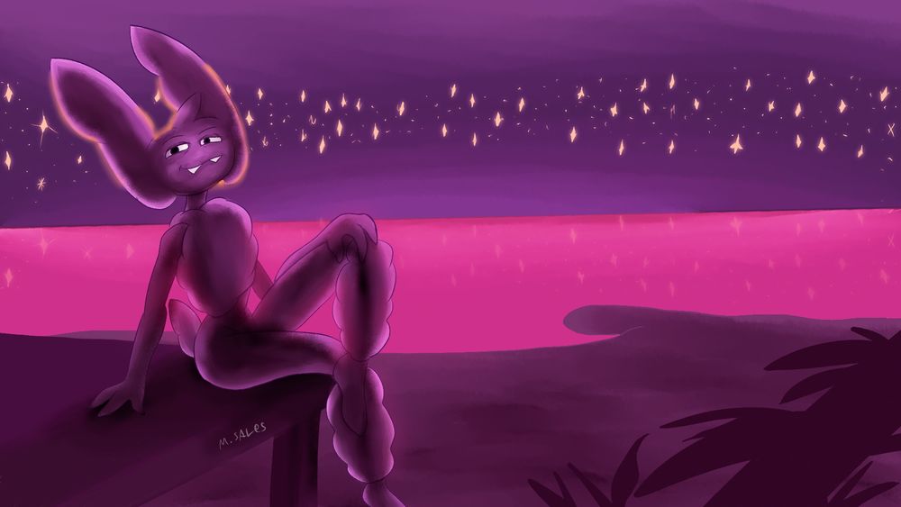My 2nd oc Bubble sitting on wooden structure while looking at the viewer. The background is a beach with the horizon and stars!