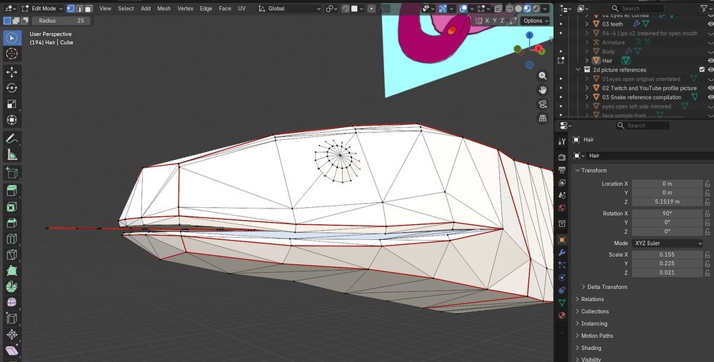 Screenshot of 3D model software Blender, with view camera zoomed in on face of a 3D snake, with only default white surface broken up by black lines & dots of the mesh and red lines to indicate seams for UV unwrapping
