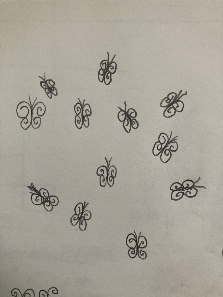 graphite pencil doodle on light beige paper
a grouping of objects, each object made up of two symmetrical sets of swirling lines that swirl into each other, with two little lines coming out of one of the ends of where the two symmetrical sets connect, resulting in objects resembling butterflies 
