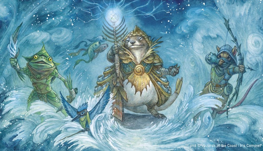 Magic the gathering card art valley floodcaller. Otter wizard holding a staff made of fish bones up in the air with lightning bolts shooting from the orb on top. Casting a spell that causes a frog fighter with a knife, a rate archer and a bird soldier to emerge from waves of water 