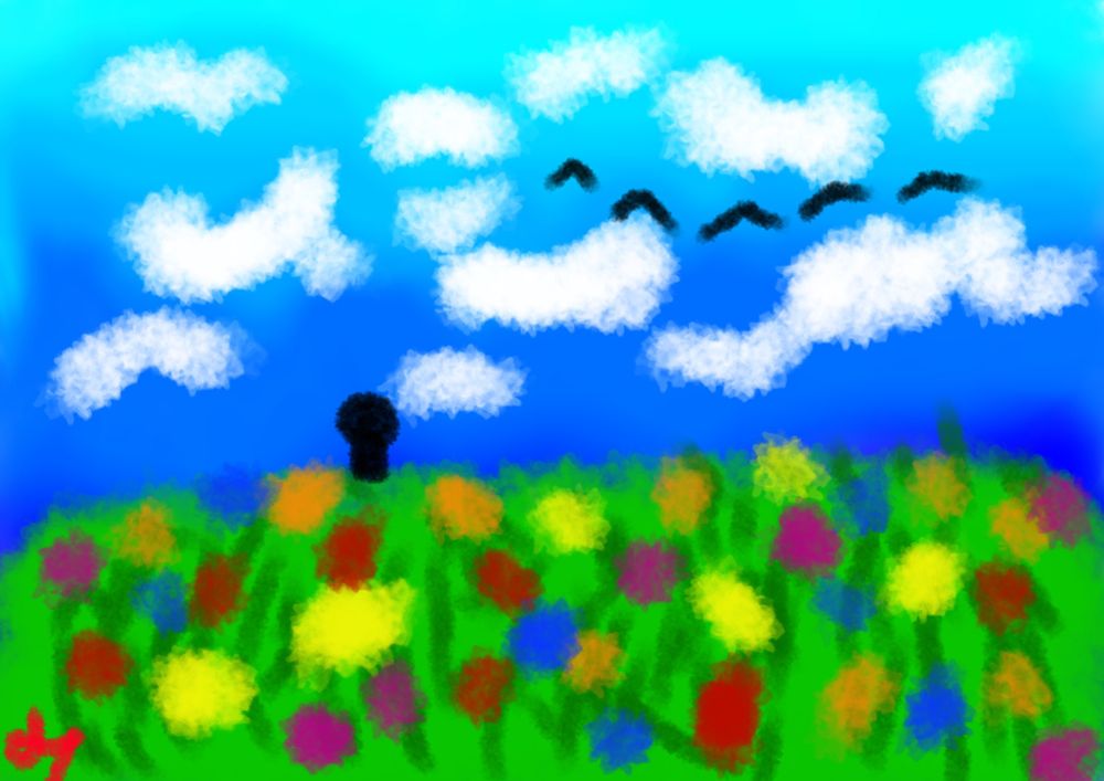 It is a digital painting of a field under a blue sky, a few clouds and birds fly above. The field is adorned in red, purple, orange, yellow, and blue flowers, and in the distance, a figure, all black, standing still.