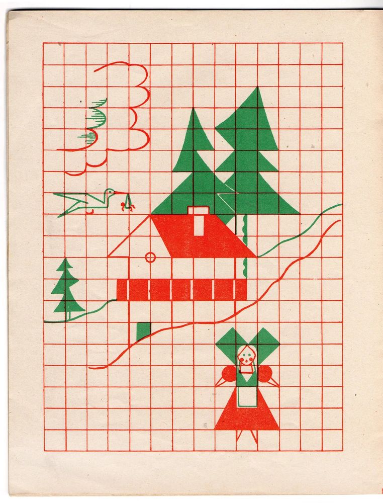 An alpine scene of fir trees, a chalet and a Heidi character. Geometric drawings in red and green overlay a red grid.