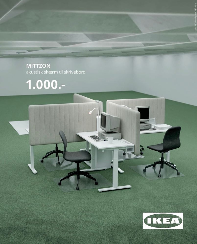 A four wing office cubical set up up in a large room with green carpet. A pastiche of the Severance set design but with Ikea furniture 