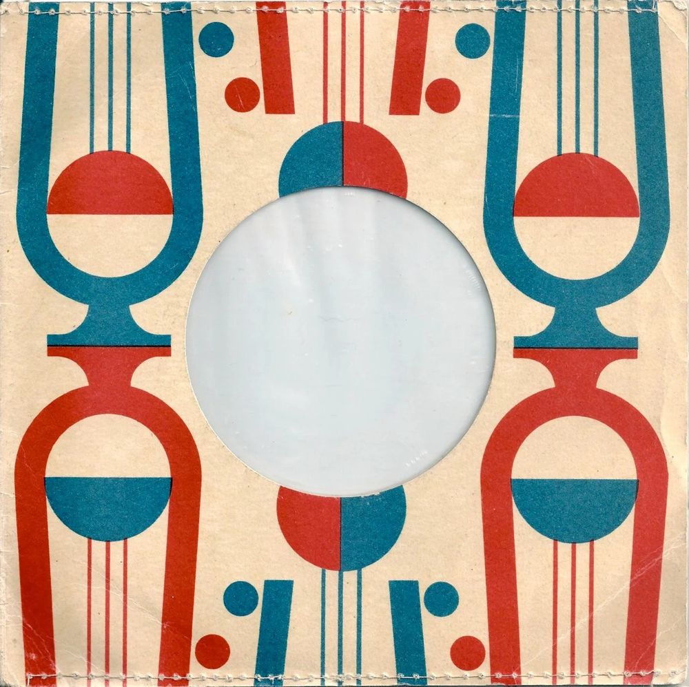 tuning fork style graphic in red and petrol blue