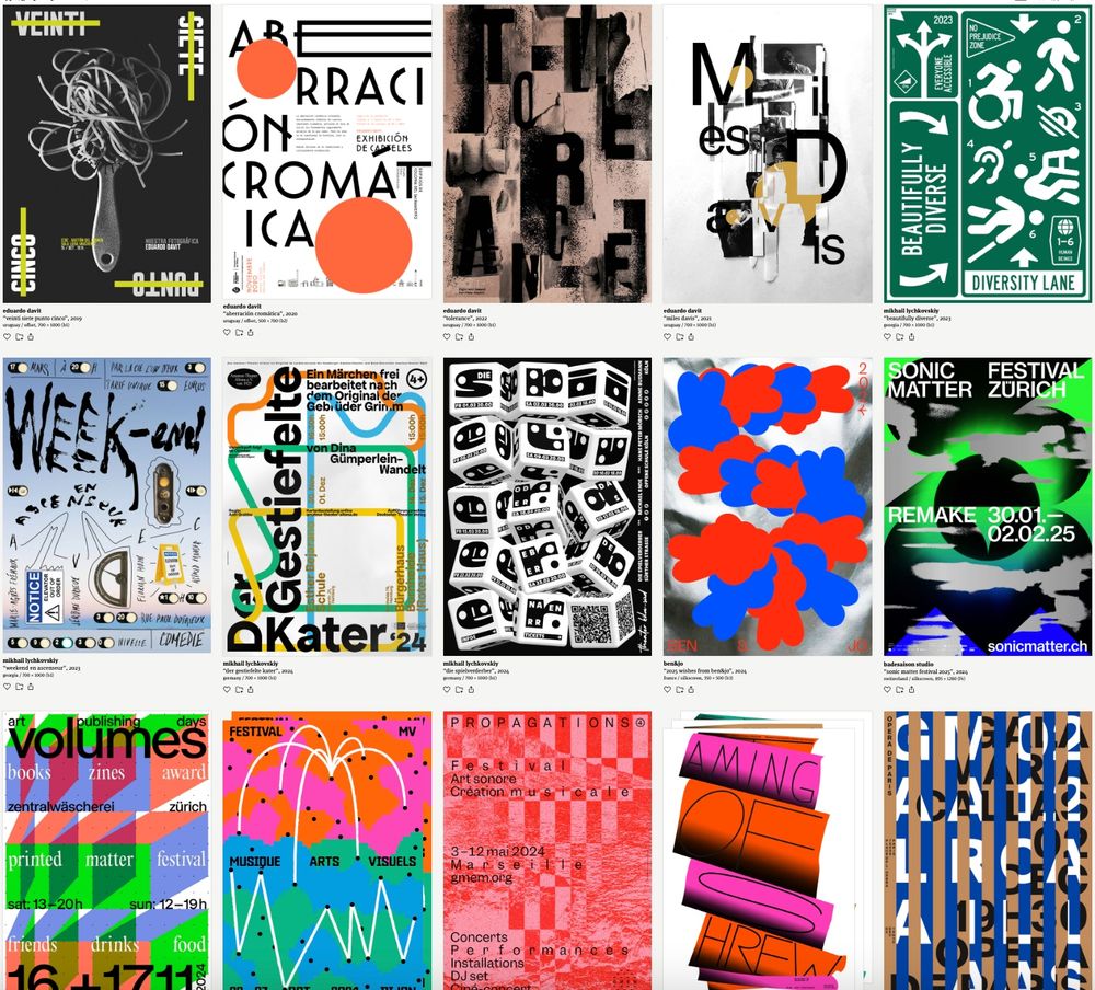 A grid of 15 posters, all differing in colour and typographic density.