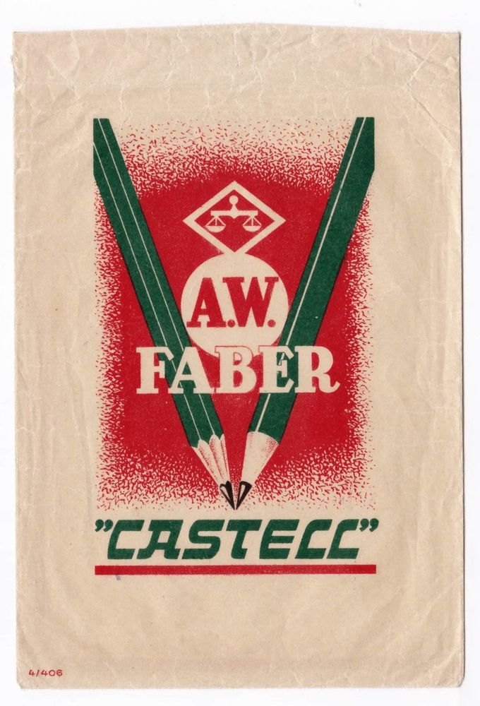Two dark green pencils form a V at the point . A textured red rectangle sits behind with AW FABER branding overlaid 
