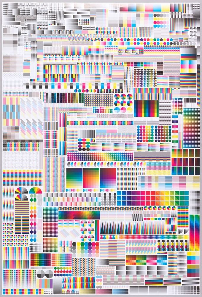 A dense poster of hundreds of printers marks/colour tests arranged vertically and horizontally to fill all space 