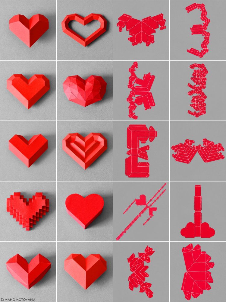 10 different three dimensional hearts, multi faceted, next to their nets. All made of red paper. 